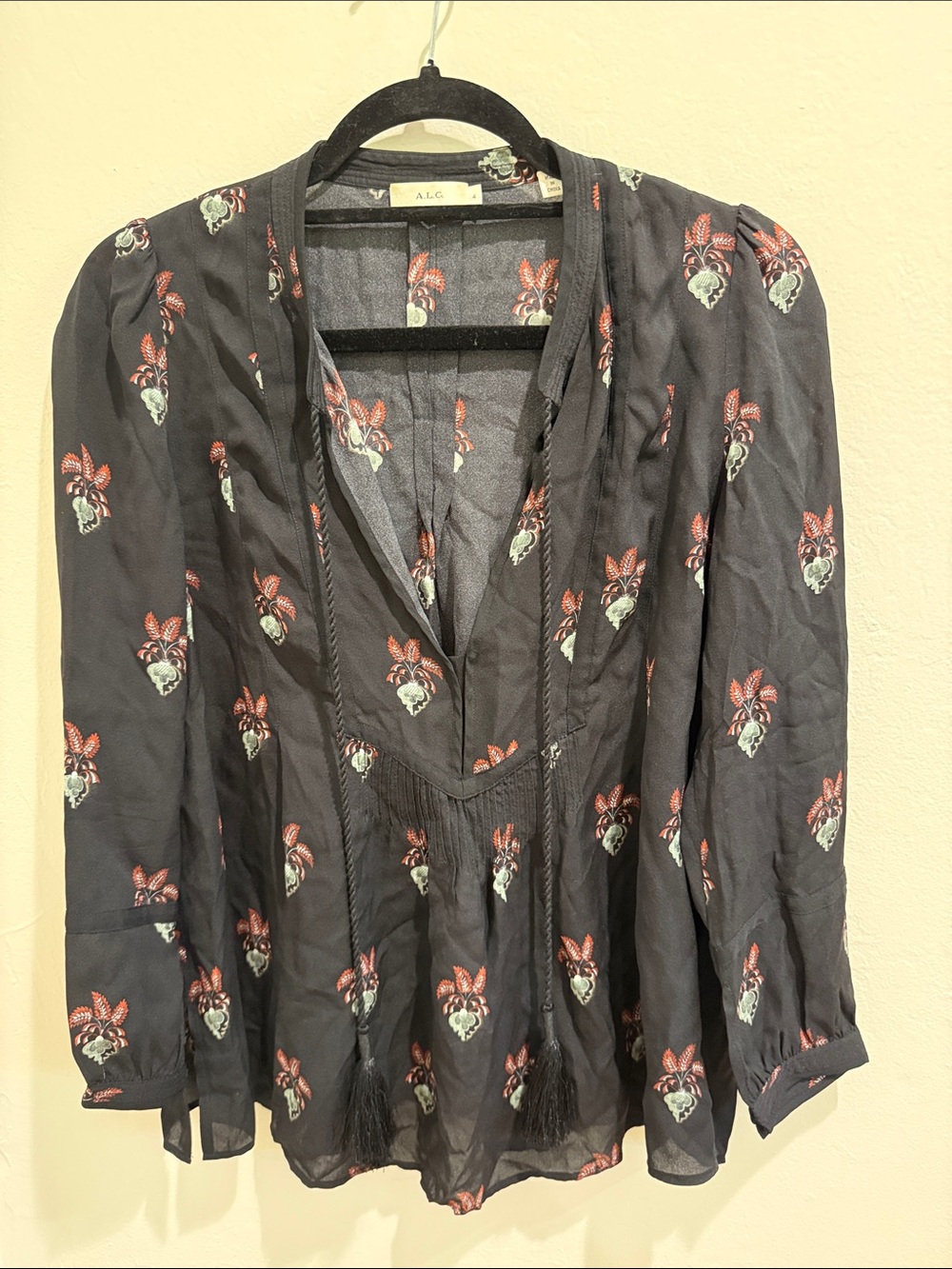 A.L.C. Terry Radish botanical print Black Silk Blouse